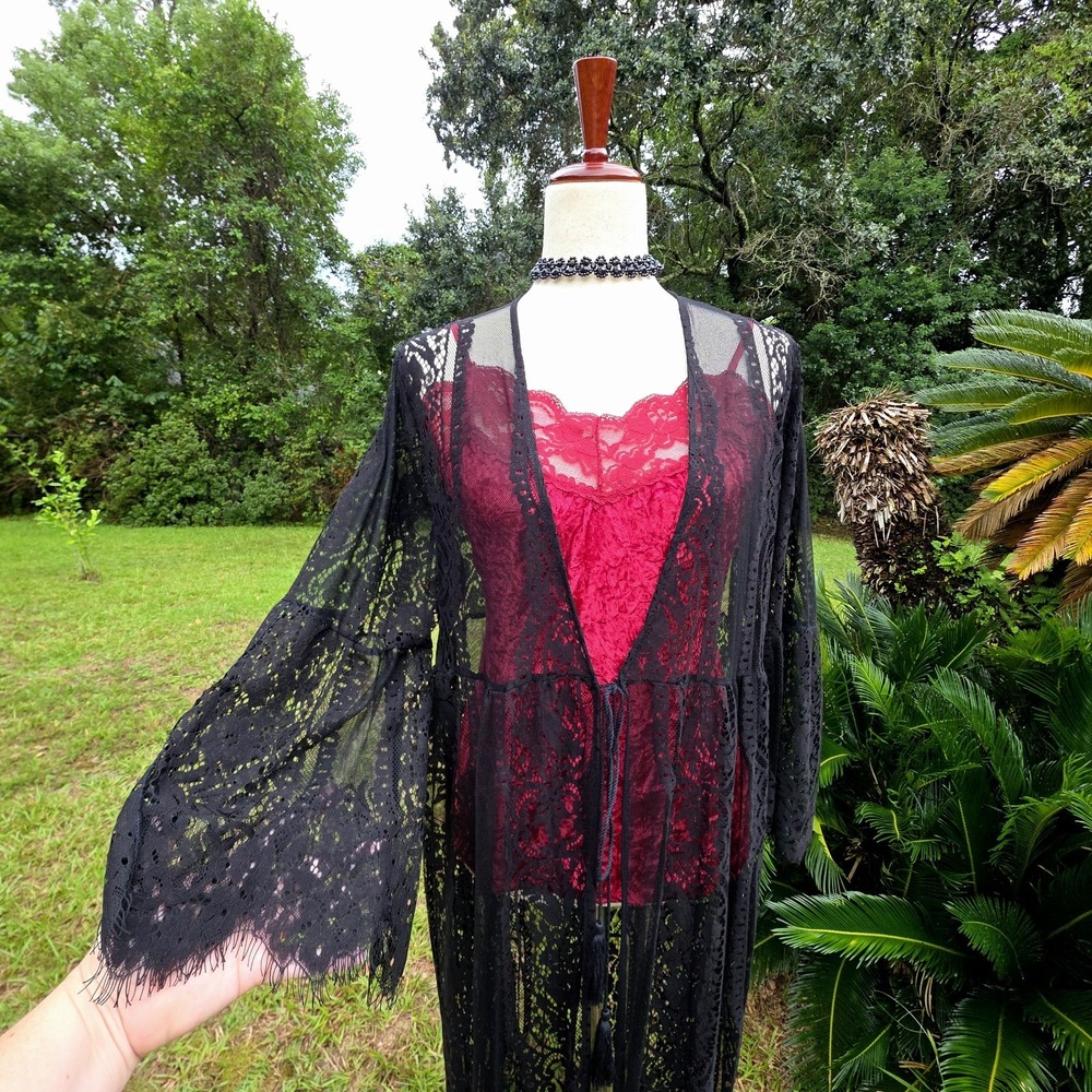 Black Lace Kimono Duster Sz L Long Whimsigoth Goth Witchy Halloween Bell Sleeve